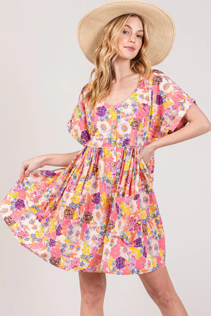 SAGE + FIG Floral Short Sleeve Babydoll Dress with Pockets - Brittney MADE