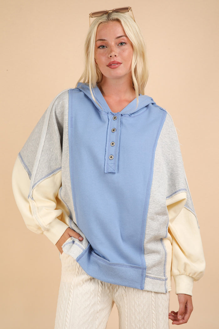 VERY J Exposed Seam Color Block Half Button Hoodie - Brittney MADE