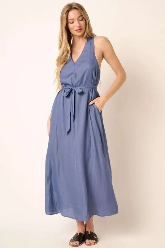 Mittoshop Cross Back Belted V Neck Tank Maxi Dress - Brittney MADE