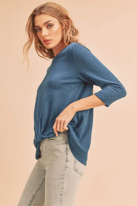 Aemi + Co Twist Front Round Neck 3/4 Sleeve T-Shirt - Brittney MADE