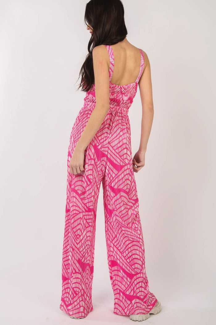 VERY J Printed Pleated Sleeveless Wide Leg Jumpsuit - Brittney MADE