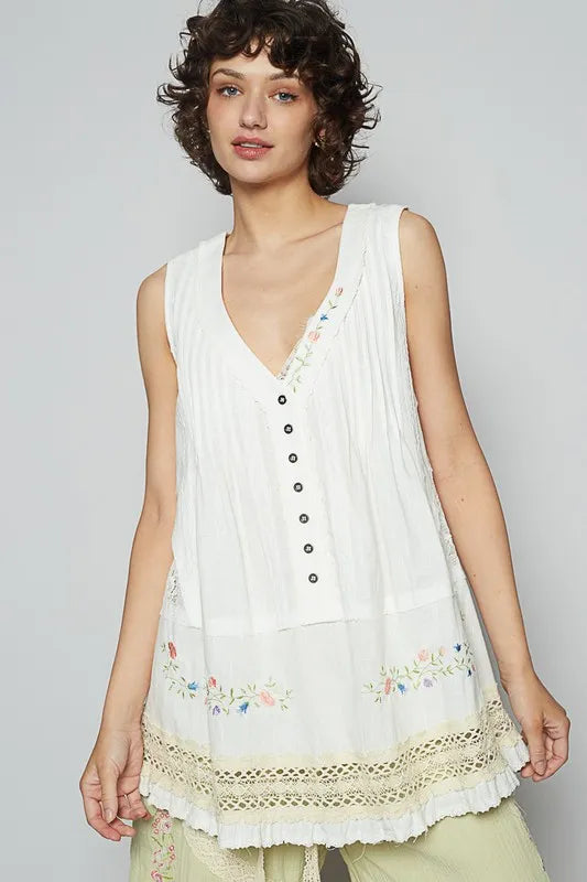 POL Embroidered Lace Detail V-Neck Sleeveless Top - Brittney MADE