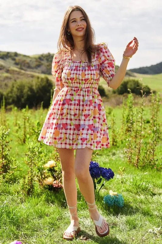 Davi & Dani Fruits Printed Smocking Mini Dress - Brittney MADE
