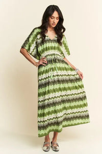 Davi & Dani Multi Color Wavy Tie Waist Flowy Sleeve Dress - Brittney MADE
