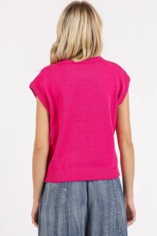 Mittoshop Contrast Letter Round Neck Cap Sleeve Knit Top - Brittney MADE