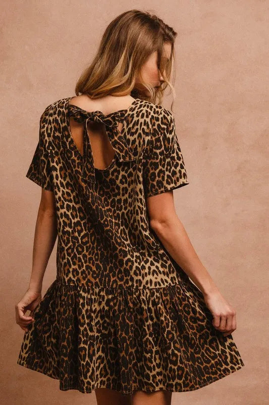 BiBi Tie Back Leopard Round Neck Short Sleeve Dress - Brittney MADE