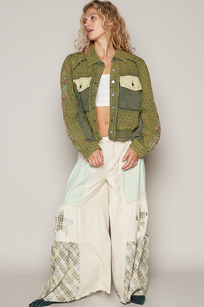 POL Embroidered Sleeve Raw Edge Quilted Jacket - Brittney MADE