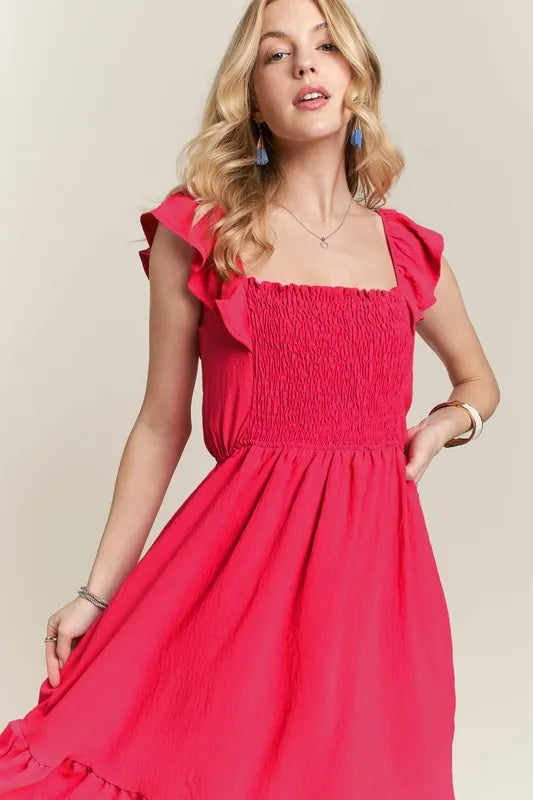 ADORA Smocked Square Neck Ruffled Cap Sleeve Dress - Brittney MADE