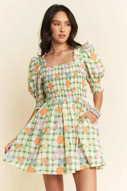 Davi & Dani Fruits Printed Smocking Mini Dress - Brittney MADE
