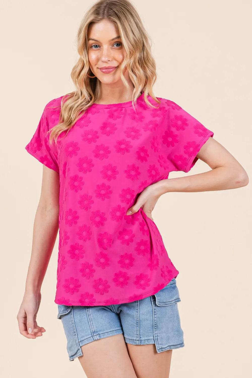 BOMBOM Textured Floral Pattern Short Sleeve T-Shirt - Brittney MADE
