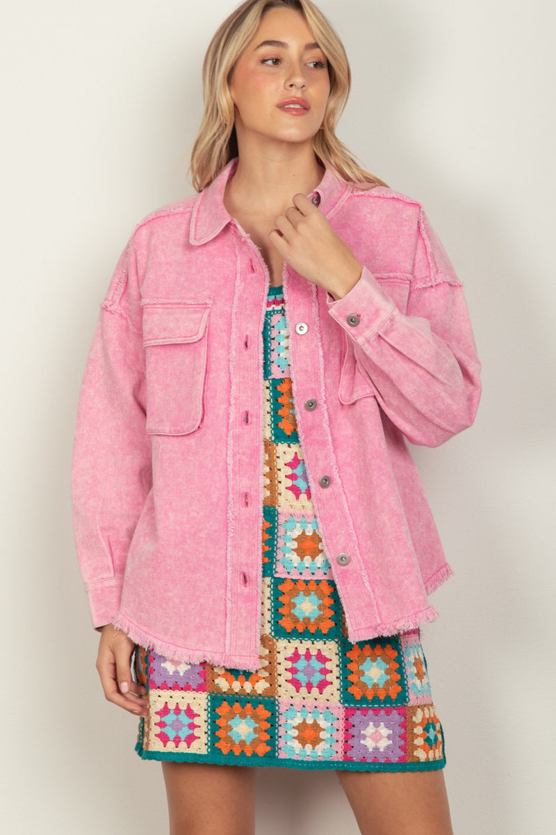 VERY J Full Size Button Up Raw Hem Long Sleeve Jacket - Brittney MADE