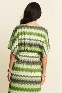 Davi & Dani Multi Color Wavy Tie Waist Flowy Sleeve Dress - Brittney MADE