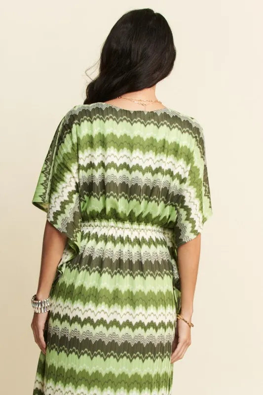 Davi & Dani Multi Color Wavy Tie Waist Flowy Sleeve Dress - Brittney MADE