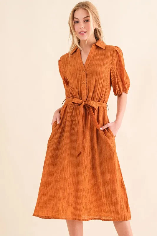 And The Why Waffle Textured Ribbon Waist Midi Dress - Brittney MADE