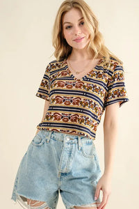 And The Why Printed V Neck Cropped T-Shirt - Brittney MADE