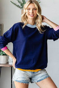 First Love Contrast Ribbed Round Neck Long Sleeve Sweater - Brittney MADE