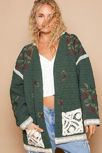 POL Embroidered Open Front Quilted Jacket with Crochet Pockets - Brittney MADE