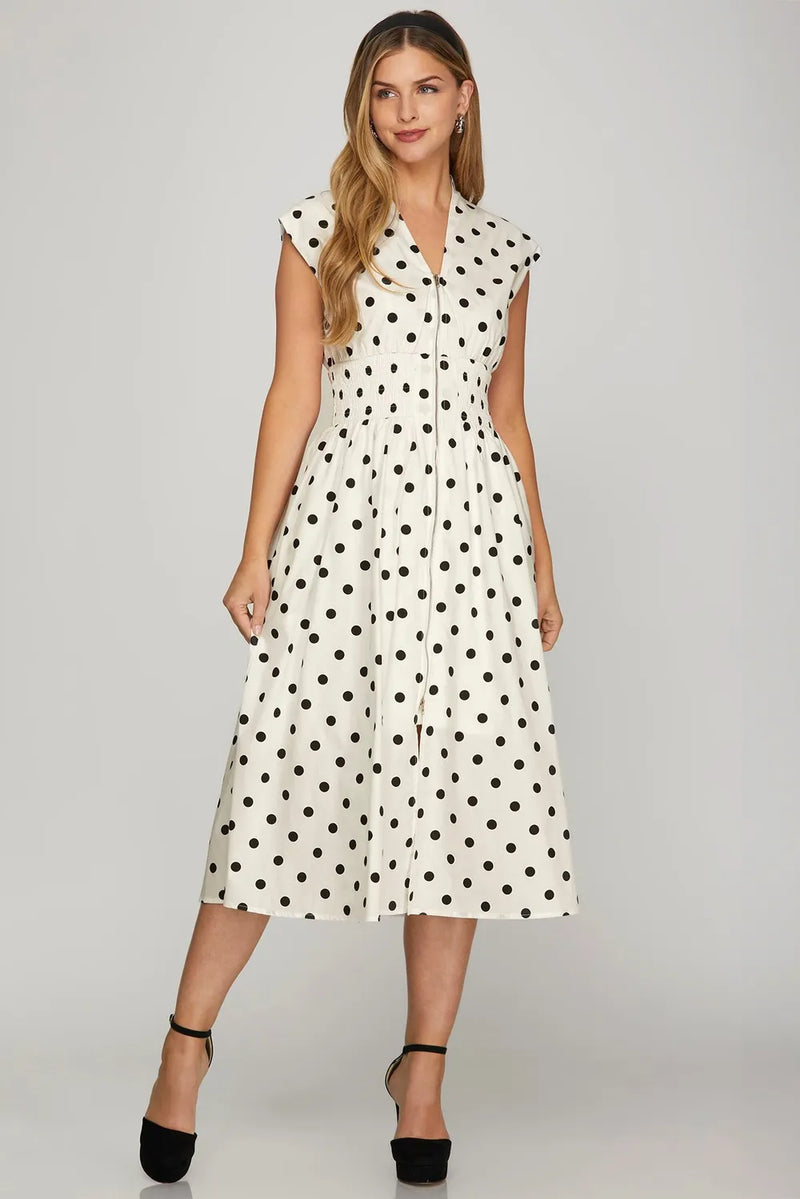 She + Sky Front Zip Polka Dots Cap Sleeve Midi Dress - Brittney MADE