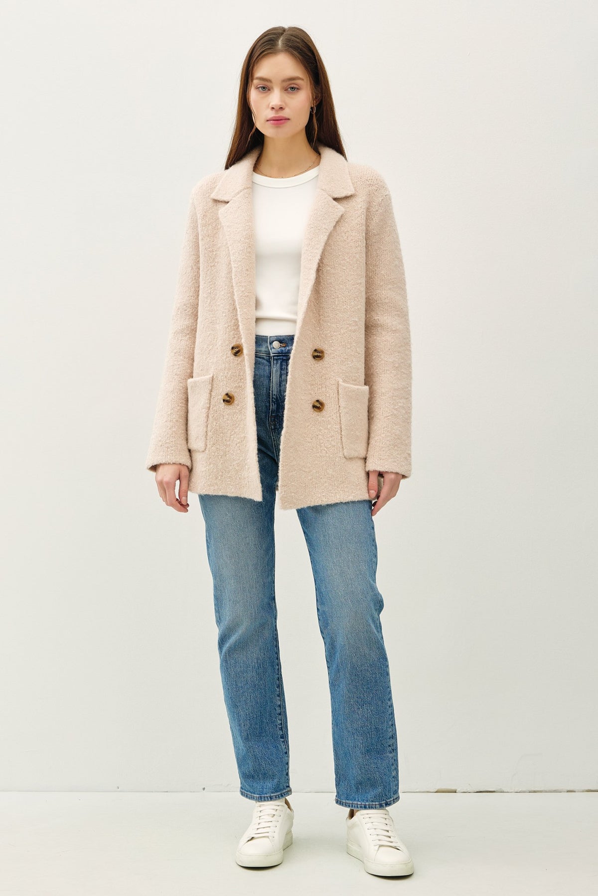 Be Cool Textured Double-Breasted Coat with Pockets - Brittney MADE