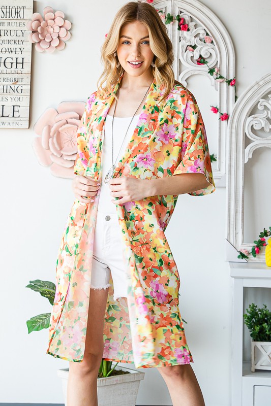 Heimish Full Size Half Sleeve Multi Color Floral Open Cardigan Plus Size - Brittney MADE
