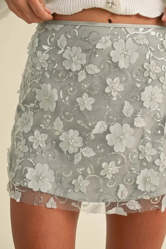 MABLE 3D Floral Embellished Applique Mini Skirt - Brittney MADE