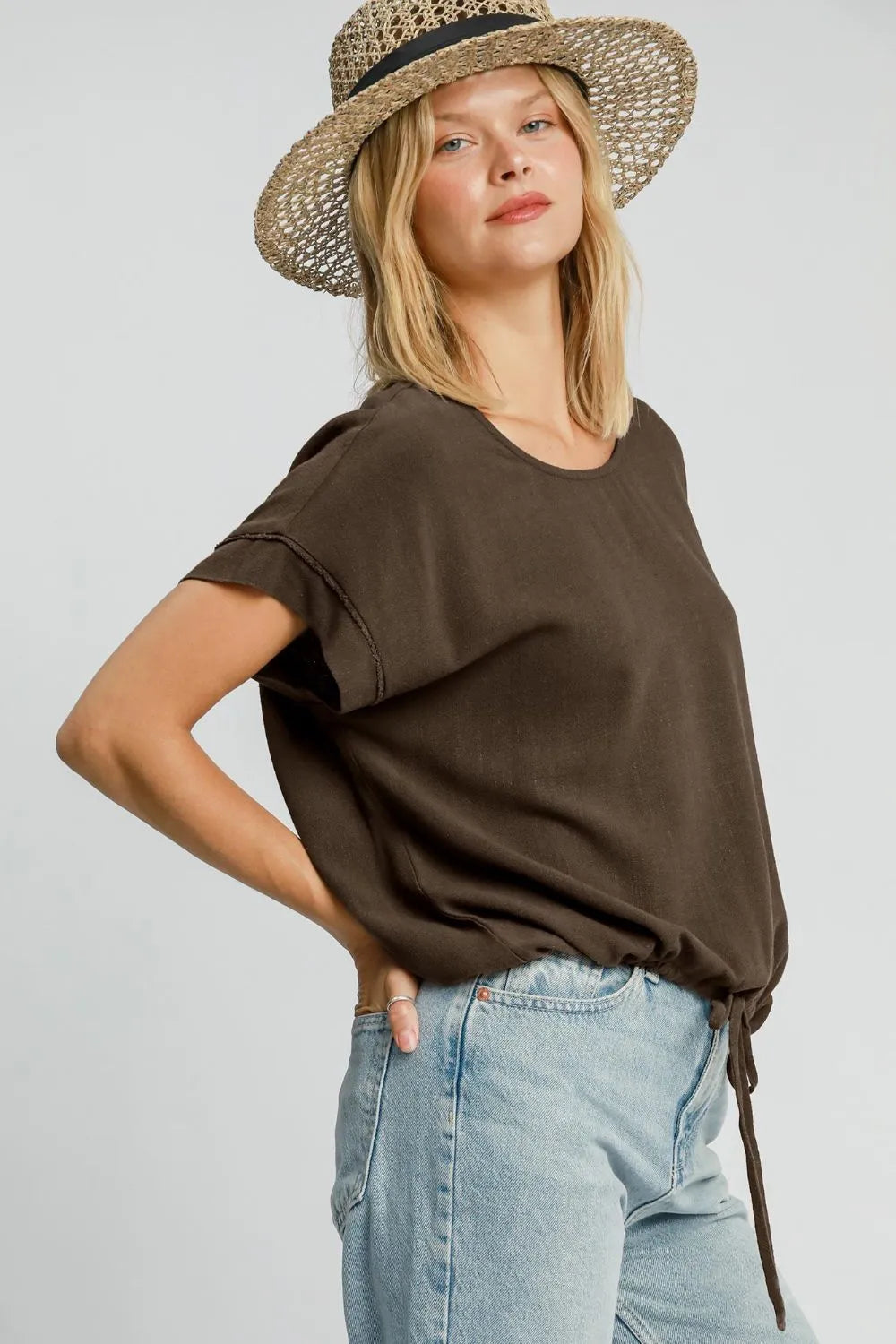 Umgee Drawstring Hem Round Neck Short Sleeve T-Shirt - Brittney MADE