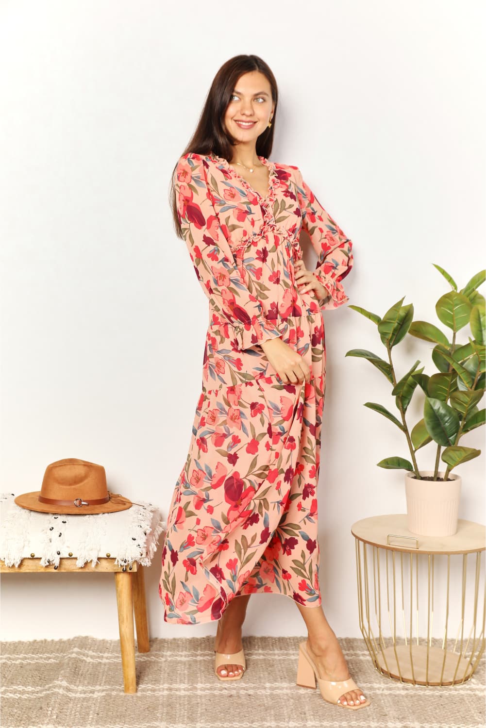 Double Take Floral Frill Trim Flounce Sleeve Plunge Maxi Dress - Brittney MADE