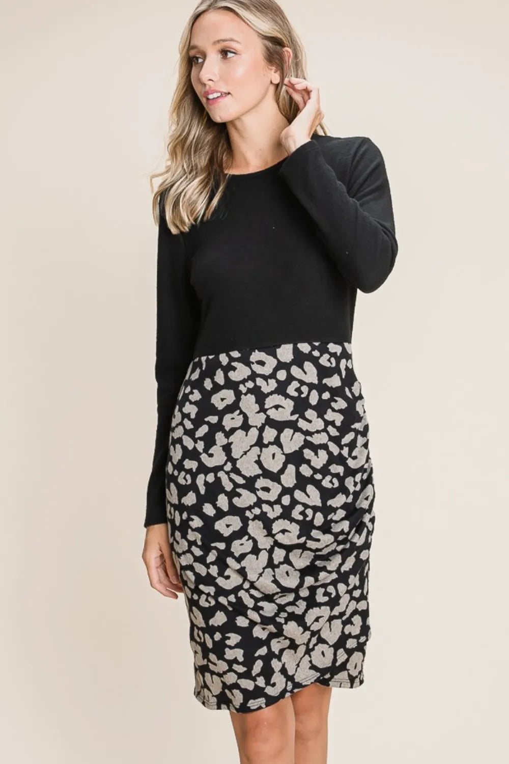 BOMBOM Leopard Color Block Knit Dress - Brittney MADE