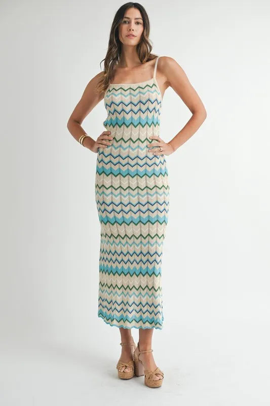 MABLE Lightweight Pointelle Chevron Knit Maxi Dress - Brittney MADE