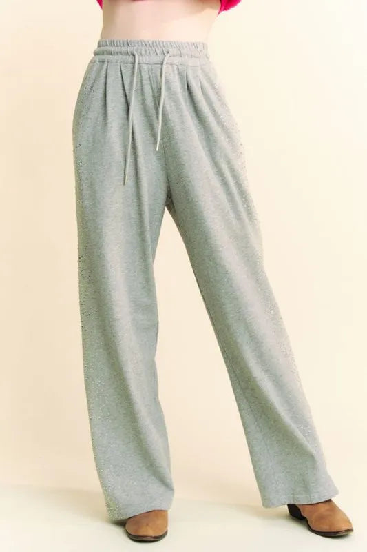 Davi & Dani Rhinestone Elastic Waist Wide Leg Pants - Brittney MADE