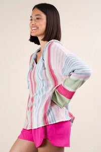 VERY J Multi Color Stripe Long Sleeve Knit Hoodie - Brittney MADE