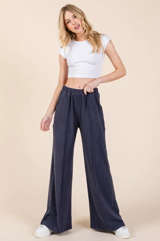 BOMBOM Elastic Waist Wide Leg Pants with Pockets - Brittney MADE