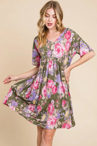 BOMBOM Flower Print V-Neck Ruched Dress - Brittney MADE