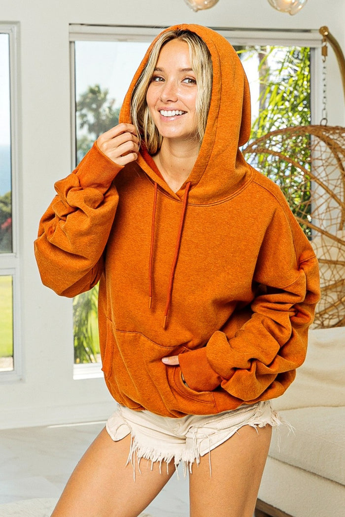 BiBi Ruched Long Sleeve Washed Fleece Hoodie - Brittney MADE
