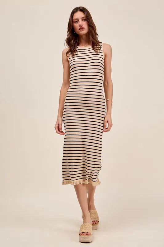 SO ME Stripe Sleeveless Sweater Knit Maxi Dress With Ruffled Hem - Brittney MADE