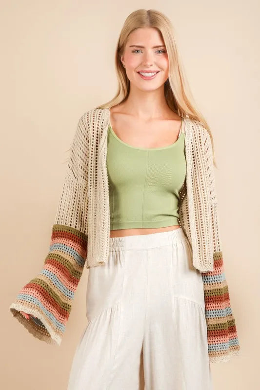VERY J Color Block Bell Sleeve Openwork Cardigan - Brittney MADE