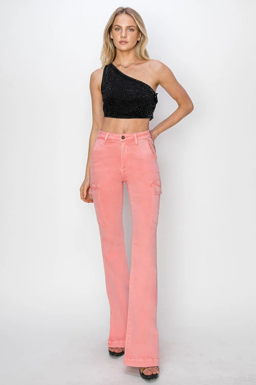 RISEN Full Size High Rise Side Slit Cargo Bootcut Jeans - Brittney MADE