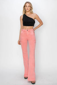 RISEN Full Size High Rise Side Slit Cargo Bootcut Jeans - Brittney MADE