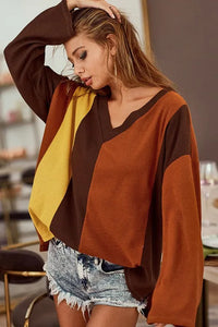 BiBi Brushed Thermal Color Block V-Neck Knit Top - Brittney MADE