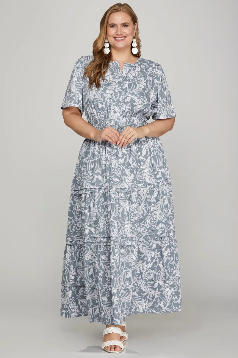 She + Sky Printed Notched Woven Tiered Pintuck Maxi Dress with Side Pockets - Brittney MADE