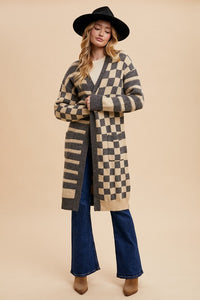 Annie Wear Checkered & Striped Open Front Long Sleeve Cardigan - Brittney MADE