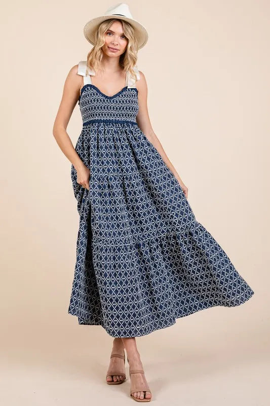 GeeGee Geometric Embroidered Smocked Tie Shoulder Midi Dress - Brittney MADE