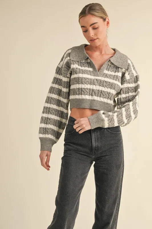 MABLE Pale Collared Striped Cropped Cable Knit Sweater - Brittney MADE