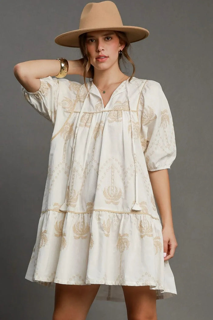 Umgee Full Size Embroidered Puff Sleeve Babydoll Dress Plus Size - Brittney MADE