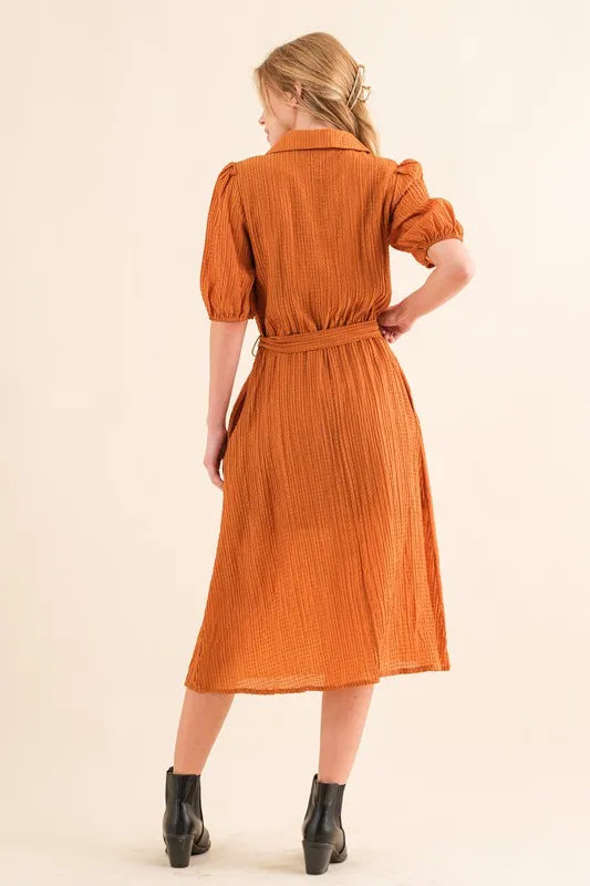 And The Why Waffle Textured Ribbon Waist Midi Dress - Brittney MADE
