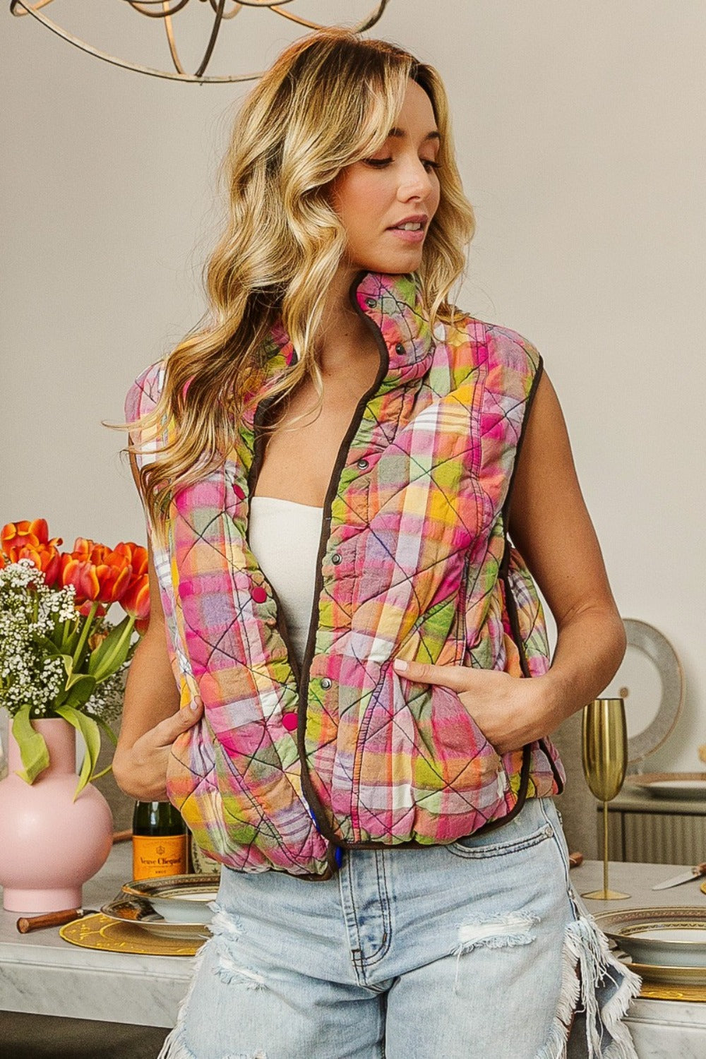 BiBi Quilted Washed Plaid Snap Down Vest - Brittney MADE
