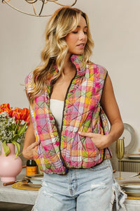 BiBi Quilted Washed Plaid Snap Down Vest - Brittney MADE