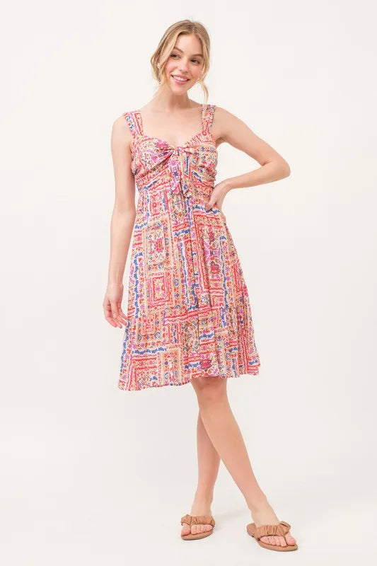 And The Why Tied Front Smocked Back Tiered Boho Printed Dress - Brittney MADE