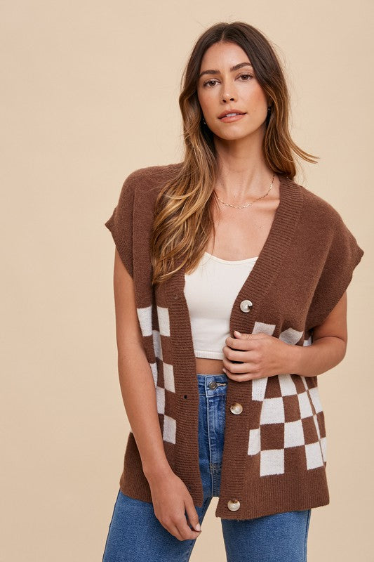 Annie Wear Checkered Button Down Short Sleeve Cardigan - Brittney MADE