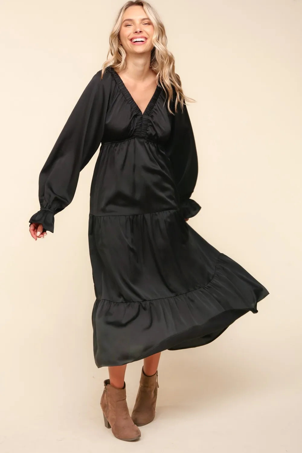 Haptics Flounce Sleeve Tiered Midi Dress with Pockets - Brittney MADE